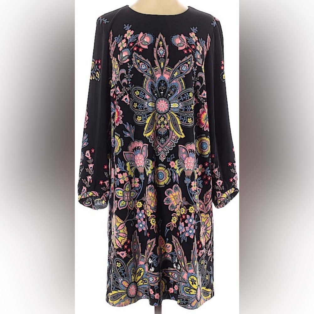 LOFT NAVY BOHO FLORAL PRINT SHIFT LONG SLEEVE DRESS SIZE XS